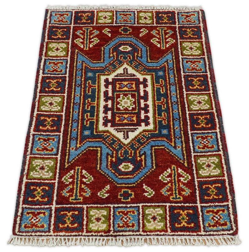 Small 2x3 Red and Blue Wool Hand Knotted traditional Persian Vintage Antique Southwestern Kazak | TRDCP18423 - The Rug Decor