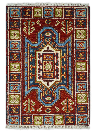 Small 2x3 Red and Blue Wool Hand Knotted traditional Persian Vintage Antique Southwestern Kazak | TRDCP18423 - The Rug Decor