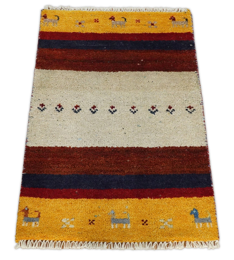 Small 2x3 Red and Gold Wool Hand Knotted traditional Persian Southwestern Gabbeh | TRDCP17423 - The Rug Decor
