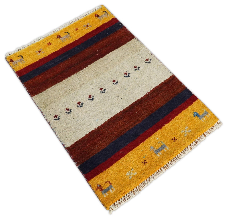 Small 2x3 Red and Gold Wool Hand Knotted traditional Persian Southwestern Gabbeh | TRDCP17423 - The Rug Decor