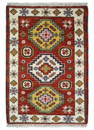 Small 2x3 Red and Ivory Wool Hand Knotted traditional Persian Vintage Antique Southwestern Kazak | TRDCP18323 - The Rug Decor