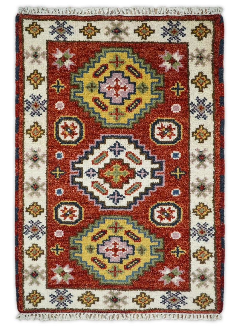 Small 2x3 Red and Ivory Wool Hand Knotted traditional Persian Vintage Antique Southwestern Kazak | TRDCP18323 - The Rug Decor