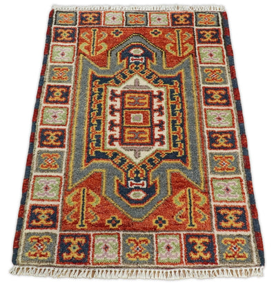 Small 2x3 Red and Ivory Wool Hand Knotted traditional Persian Vintage Antique Southwestern Kazak | TRDCP18923 - The Rug Decor