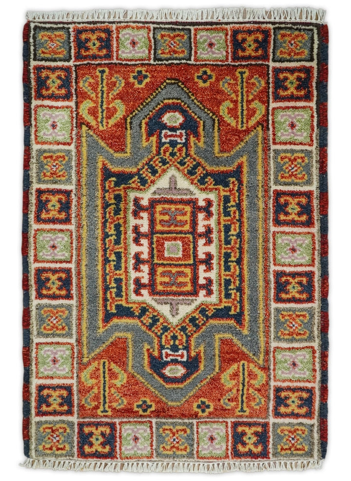 Small 2x3 Red and Ivory Wool Hand Knotted traditional Persian Vintage Antique Southwestern Kazak | TRDCP18923 - The Rug Decor
