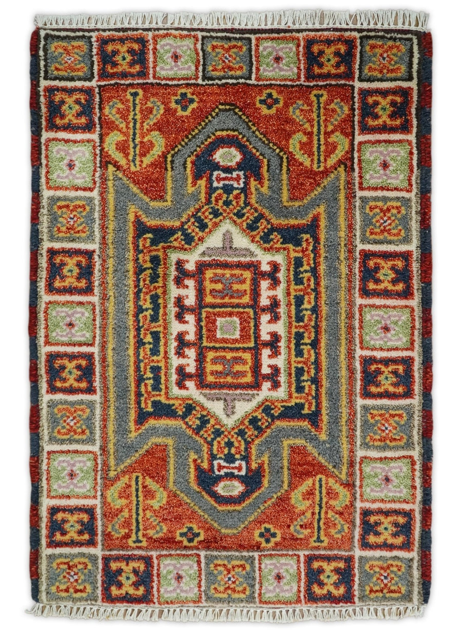 Small 2x3 Red and Ivory Wool Hand Knotted traditional Persian Vintage Antique Southwestern Kazak | TRDCP18923 - The Rug Decor