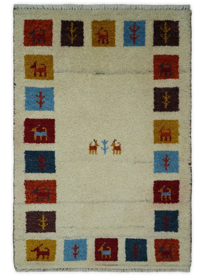Small 2x3 Red Blue White Wool Hand Knotted traditional Persian Vintage Antique Southwestern Tribal Gabbeh | TRDCP35823 - The Rug Decor