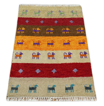 Small 2x3 Red Ivory Brown Wool Hand Knotted traditional Persian Vintage Antique Southwestern Gabbeh | TRDCP45623 - The Rug Decor