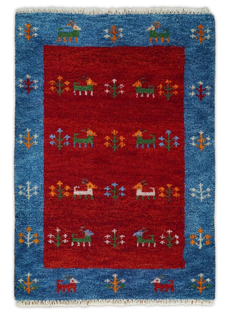 Small 2x3 Red Rust Blue Wool Hand Knotted traditional Southwestern Gabbeh | TRDCP17123 - The Rug Decor