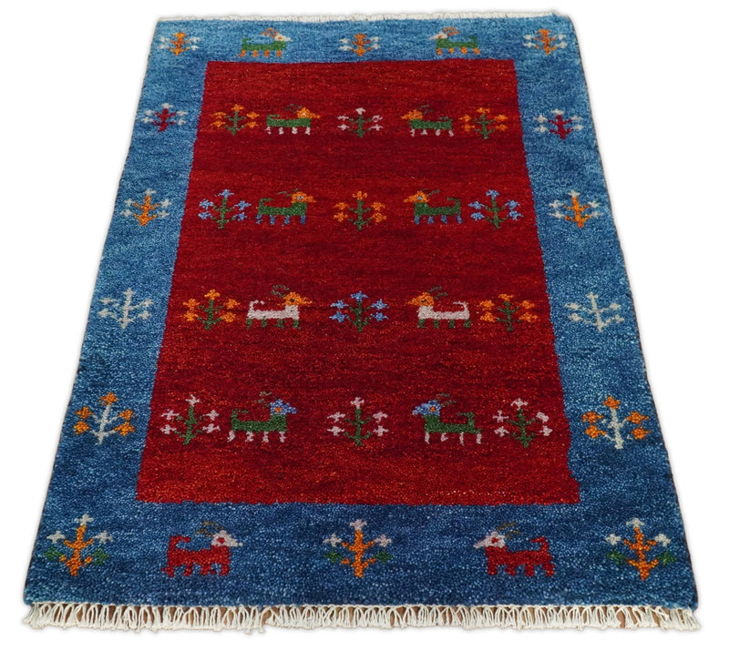 Small 2x3 Red Rust Blue Wool Hand Knotted traditional Southwestern Gabbeh | TRDCP17123 - The Rug Decor
