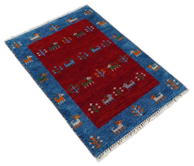 Small 2x3 Red Rust Blue Wool Hand Knotted traditional Southwestern Gabbeh | TRDCP17523 - The Rug Decor