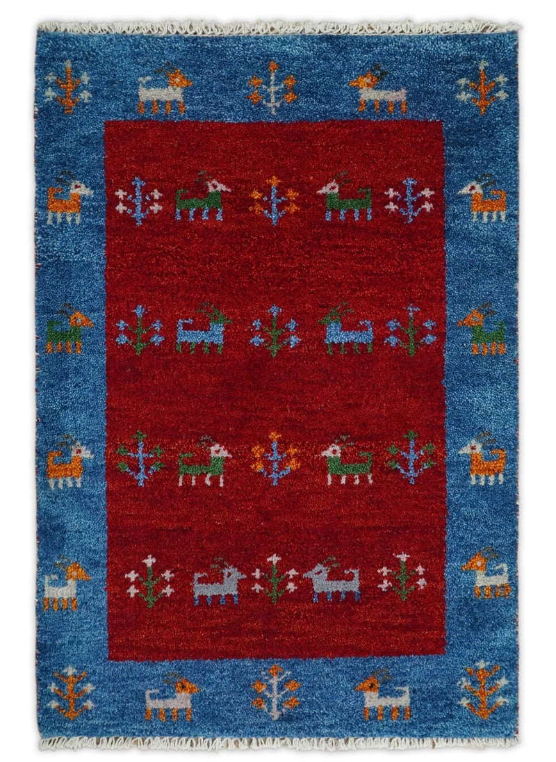 Small 2x3 Red Rust Blue Wool Hand Knotted traditional Southwestern Gabbeh | TRDCP17523 - The Rug Decor