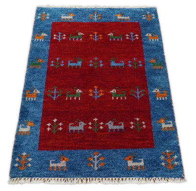 Small 2x3 Red Rust Blue Wool Hand Knotted traditional Southwestern Gabbeh | TRDCP17523 - The Rug Decor