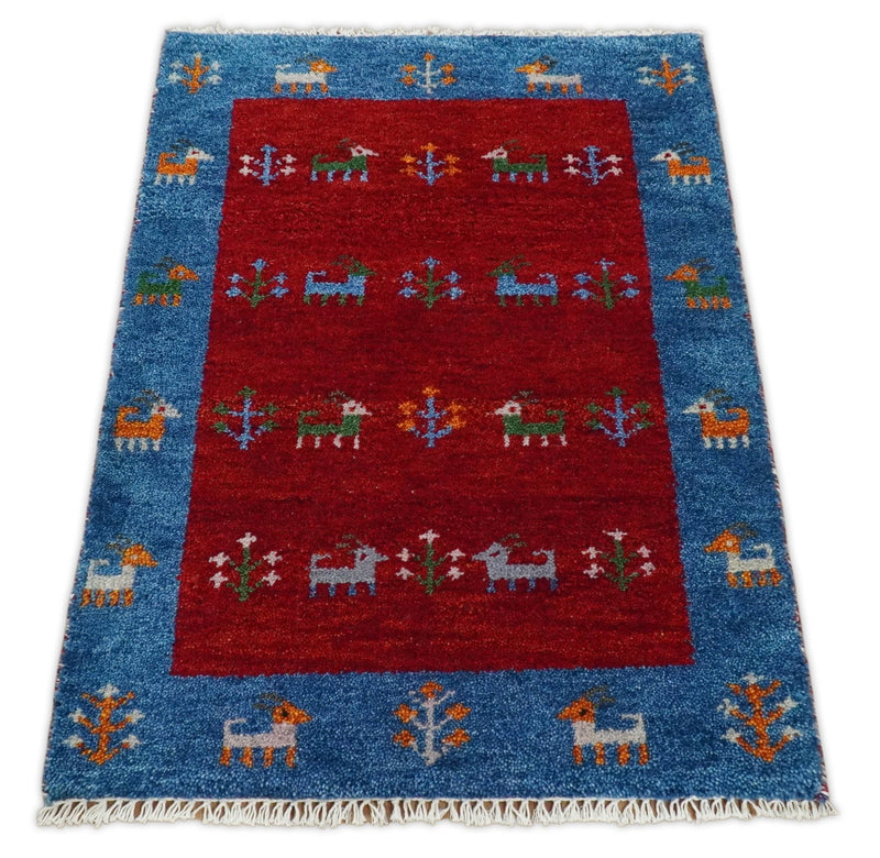Small 2x3 Red Rust Blue Wool Hand Knotted traditional Southwestern Gabbeh | TRDCP17523 - The Rug Decor