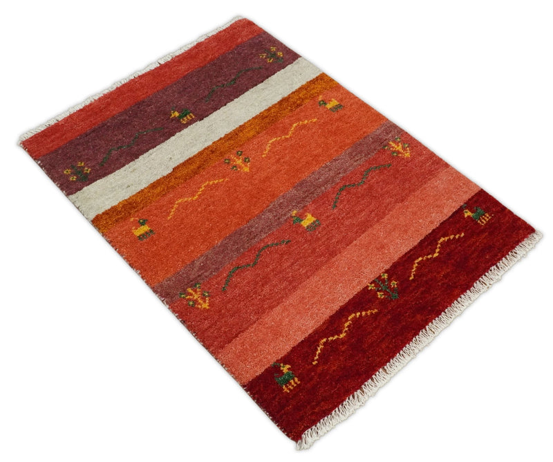 Small 2x3 Red Rust White Wool Hand Knotted traditional Persian Vintage Antique Southwestern Gabbeh | TRDCP35223 - The Rug Decor