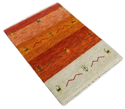 Small 2x3 Red Rust White Wool Hand Knotted traditional Southwestern Gabbeh | TRDCP17023 - The Rug Decor