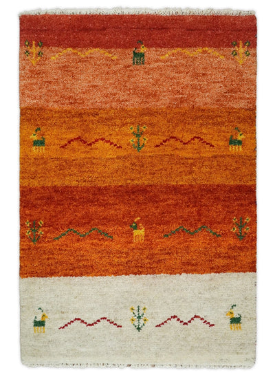 Small 2x3 Red Rust White Wool Hand Knotted traditional Southwestern Gabbeh | TRDCP17023 - The Rug Decor