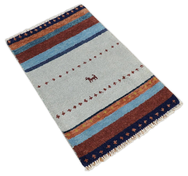 Small 2x3 Red Rust White Wool Hand Knotted traditional Southwestern Gabbeh | TRDCP17223 - The Rug Decor