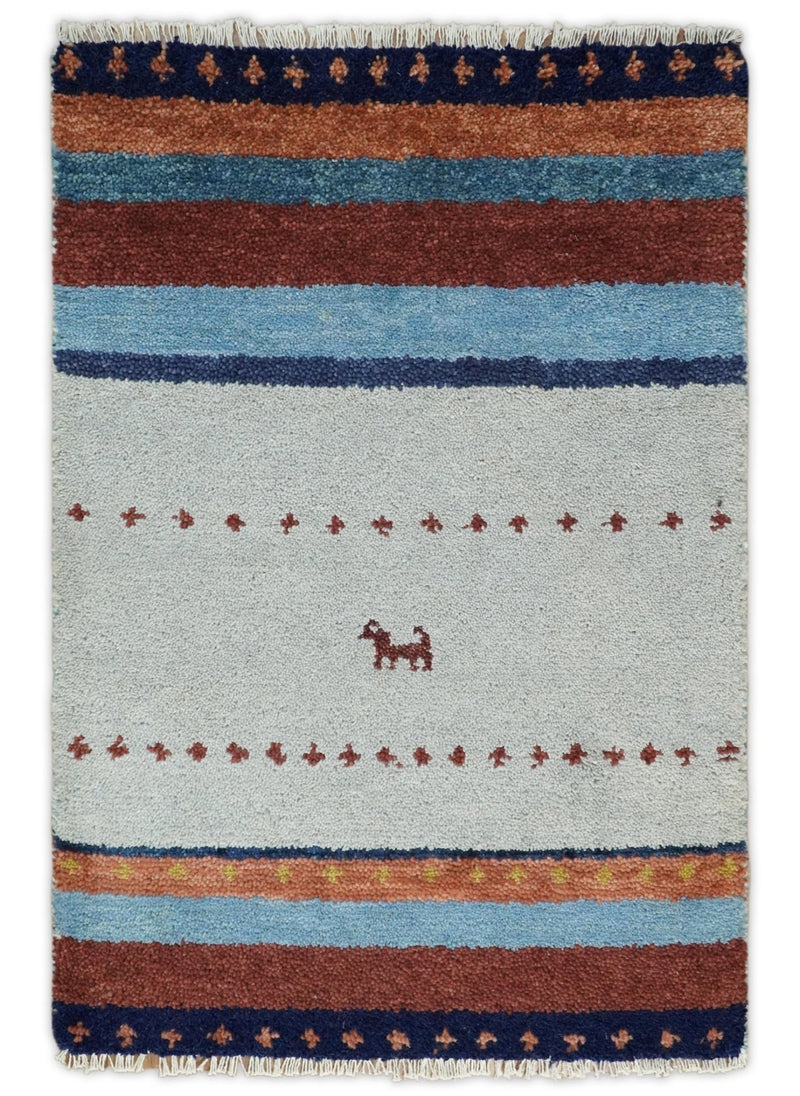 Small 2x3 Red Rust White Wool Hand Knotted traditional Southwestern Gabbeh | TRDCP17223 - The Rug Decor