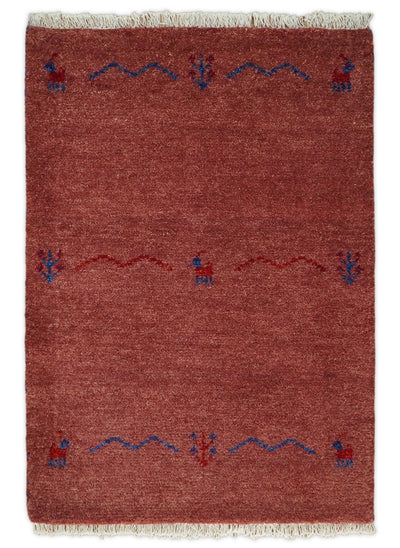Small 2x3 Red Rust Wool Hand Knotted traditional Southwestern Gabbeh | TRDCP16923 - The Rug Decor