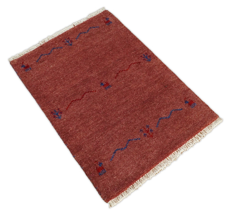Small 2x3 Red Rust Wool Hand Knotted traditional Southwestern Gabbeh | TRDCP16923 - The Rug Decor