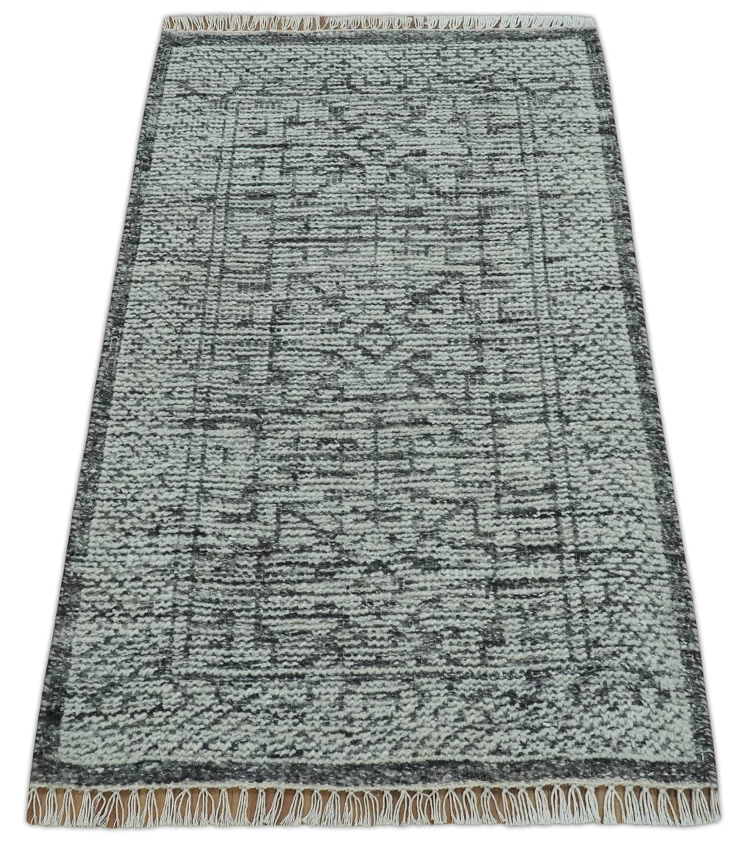 Small Entryway 2x3 Hand Knotted Ivory and Charcoal Tribal Conteporary Wool Rug - The Rug Decor