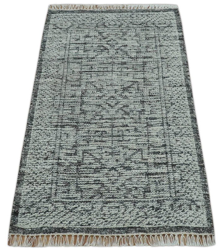 Small Entryway 2x3 Hand Knotted Ivory and Charcoal Tribal Conteporary Wool Rug - The Rug Decor