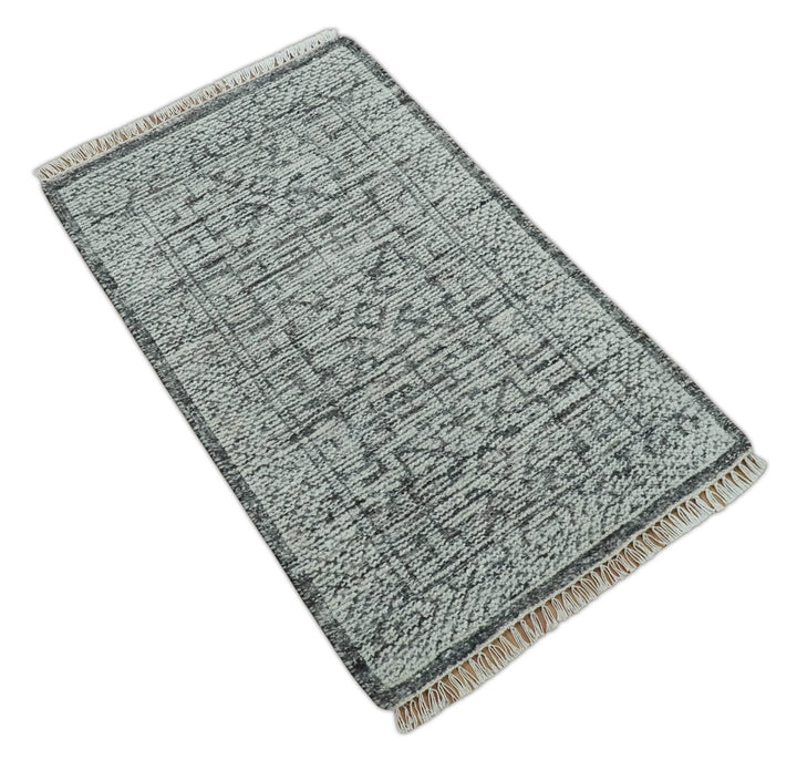 Small Entryway 2x3 Hand Knotted Ivory and Charcoal Tribal Conteporary Wool Rug - The Rug Decor