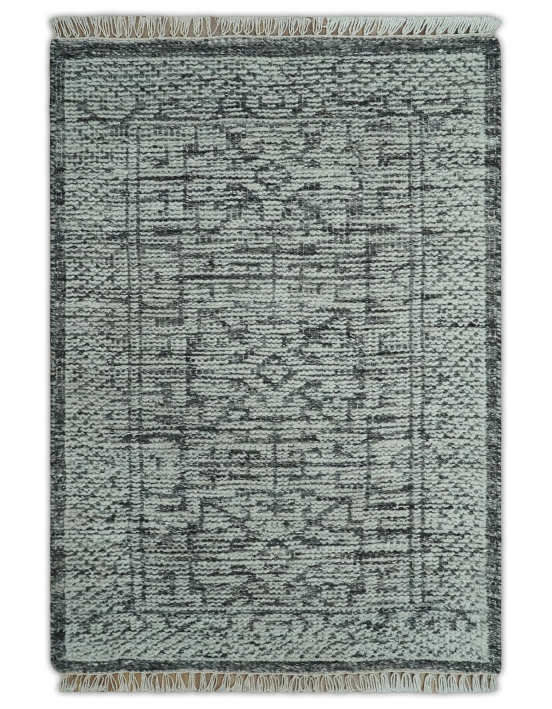 Small Entryway 2x3 Hand Knotted Ivory and Charcoal Tribal Conteporary Wool Rug - The Rug Decor