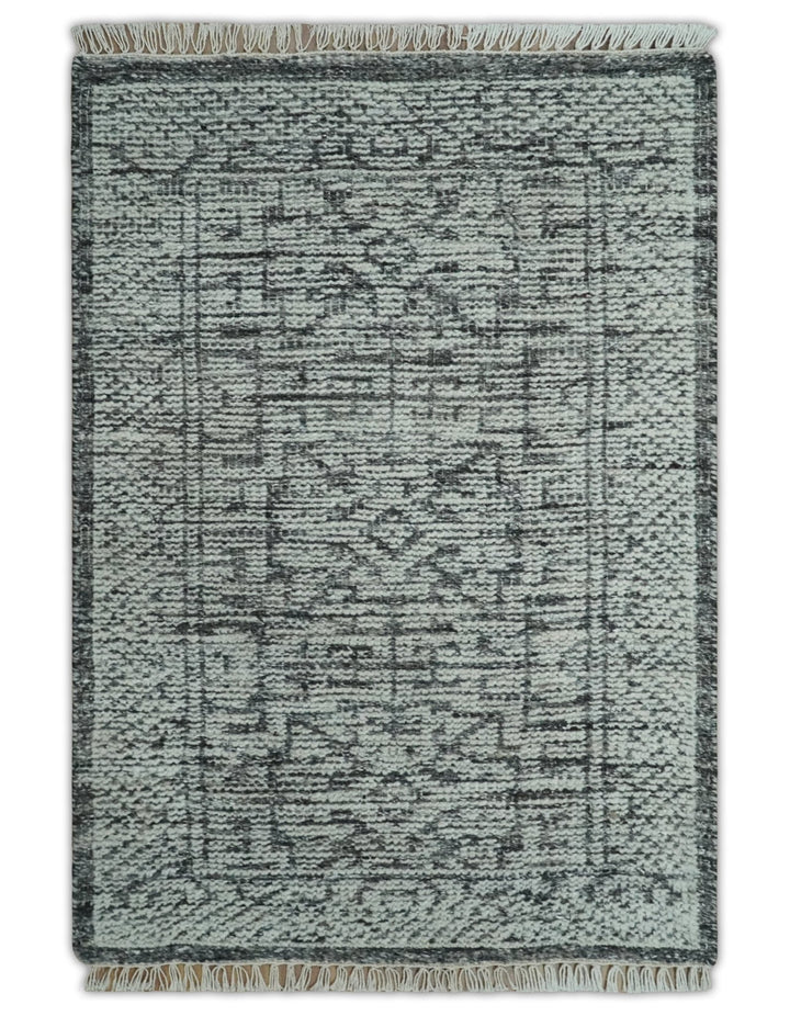Small Entryway 2x3 Hand Knotted Ivory and Charcoal Tribal Conteporary Wool Rug - The Rug Decor