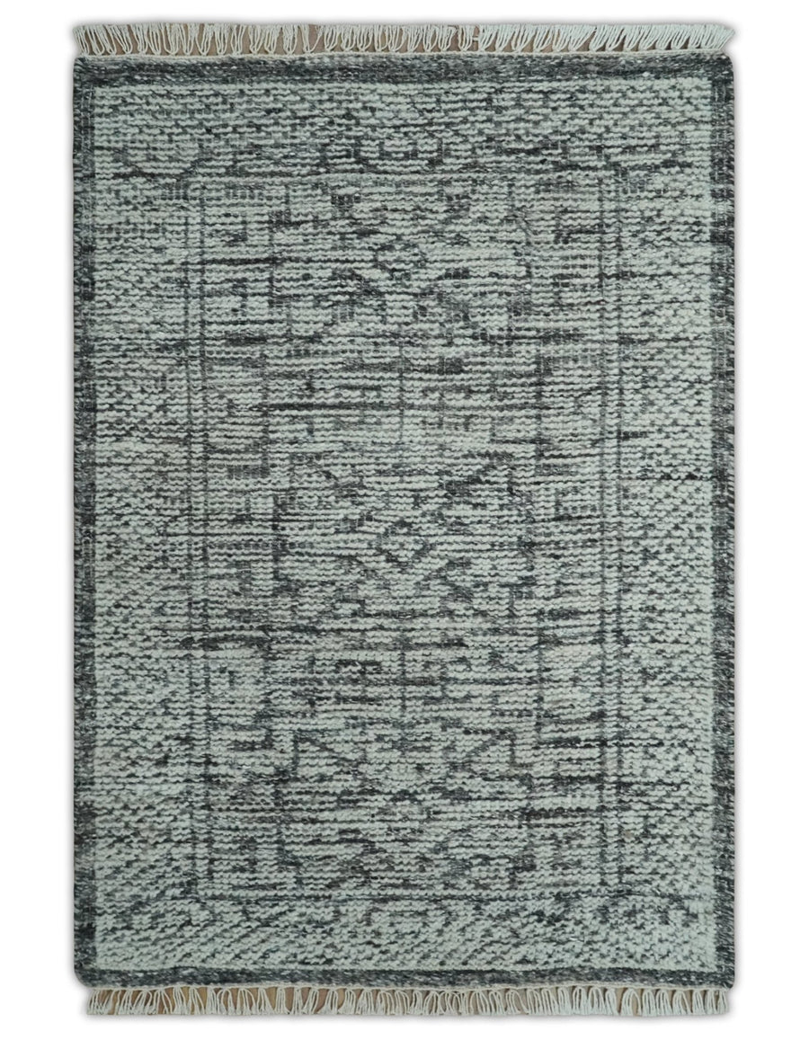 Small Entryway 2x3 Hand Knotted Ivory and Charcoal Tribal Conteporary Wool Rug - The Rug Decor