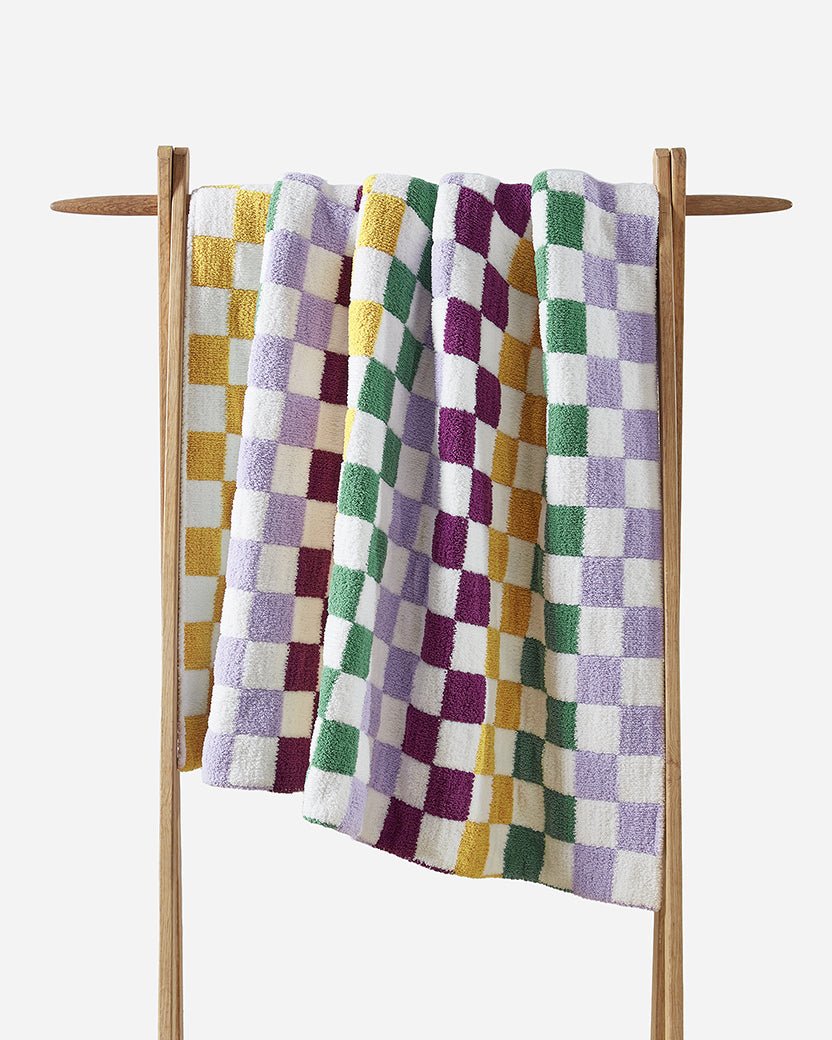 Soft and Comfy Mardi Gras and Midnight - Off White, Moss - Sahara Tan and Mocha - Sahara Tan Checkerboard Throw - The Rug Decor