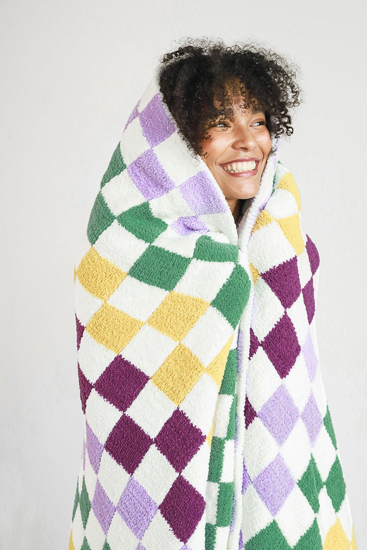 Soft and Comfy Mardi Gras and Midnight - Off White, Moss - Sahara Tan and Mocha - Sahara Tan Checkerboard Throw - The Rug Decor