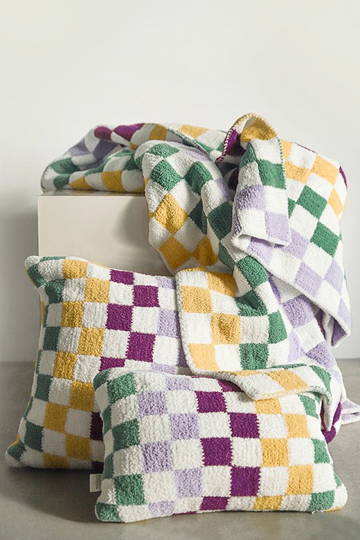 Soft and Comfy Mardi Gras and Midnight - Off White, Moss - Sahara Tan and Mocha - Sahara Tan Checkerboard Throw - The Rug Decor