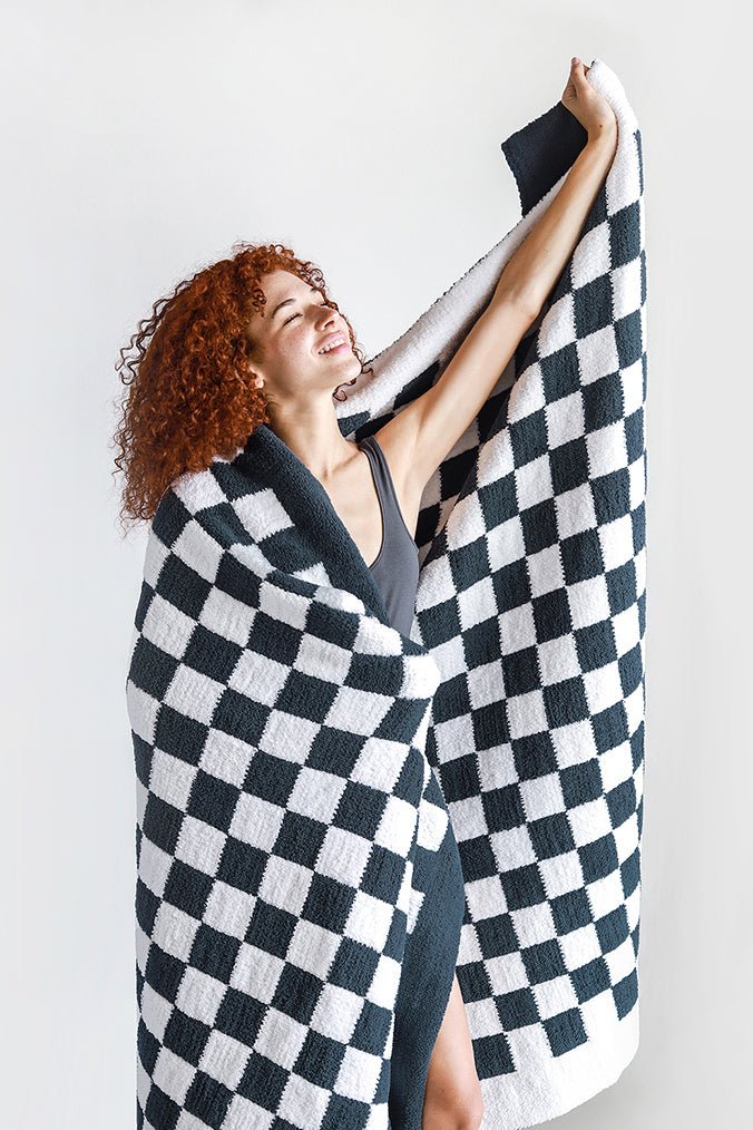 Soft and Comfy Mardi Gras and Midnight - Off White, Moss - Sahara Tan and Mocha - Sahara Tan Checkerboard Throw - The Rug Decor