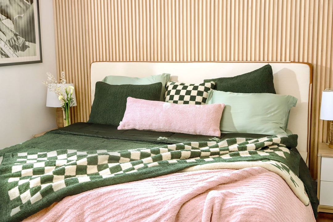 Soft and Comfy Mardi Gras and Midnight - Off White, Moss - Sahara Tan and Mocha - Sahara Tan Checkerboard Throw - The Rug Decor