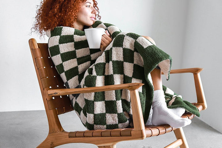Soft and Comfy Mardi Gras and Midnight - Off White, Moss - Sahara Tan and Mocha - Sahara Tan Checkerboard Throw - The Rug Decor