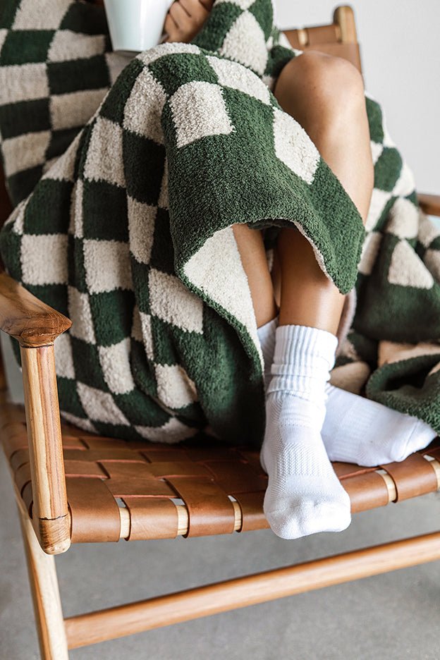 Soft and Comfy Mardi Gras and Midnight - Off White, Moss - Sahara Tan and Mocha - Sahara Tan Checkerboard Throw - The Rug Decor