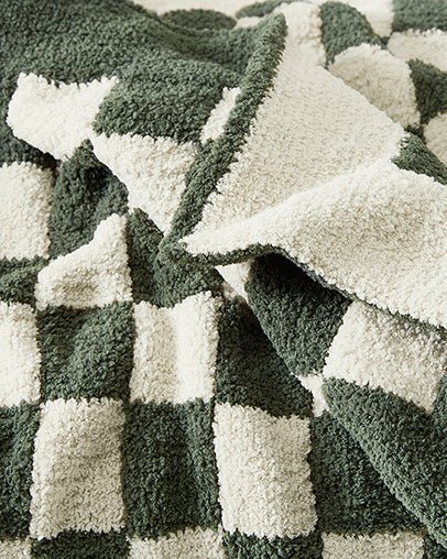 Soft and Comfy Mardi Gras and Midnight - Off White, Moss - Sahara Tan and Mocha - Sahara Tan Checkerboard Throw - The Rug Decor