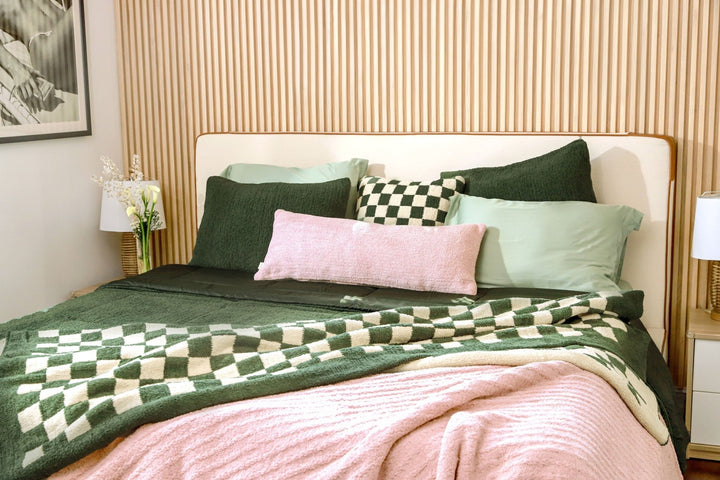Soft and Comfy Mardi Gras and Midnight - Off White, Moss - Sahara Tan and Mocha - Sahara Tan Checkerboard Throw Pillow - The Rug Decor