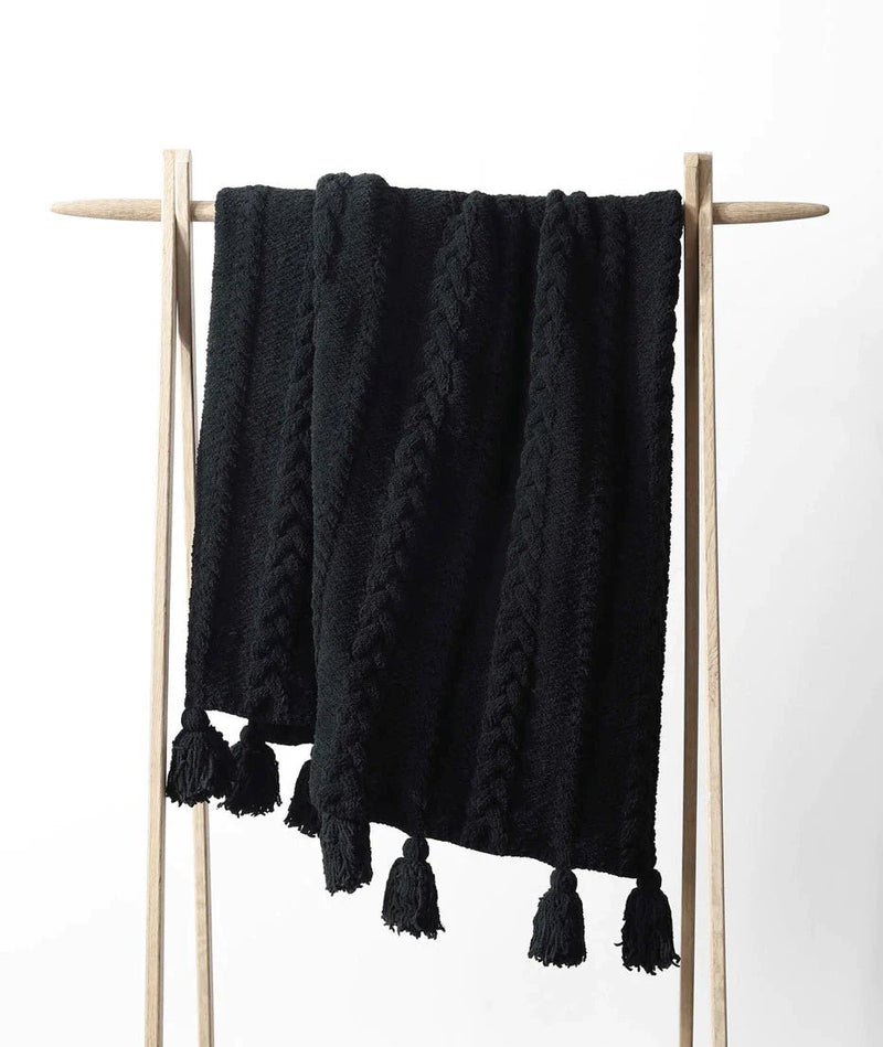 Soft And Cozy Black, White and Tan Tassel Braided Pom Pom Throw - The Rug Decor