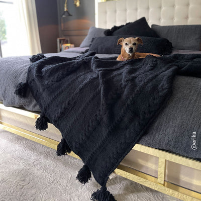 Soft And Cozy Black, White and Tan Tassel Braided Pom Pom Throw - The Rug Decor