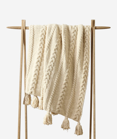 Soft And Cozy Black, White and Tan Tassel Braided Pom Pom Throw - The Rug Decor