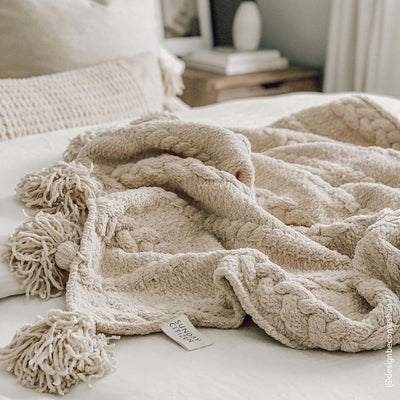 Soft And Cozy Black, White and Tan Tassel Braided Pom Pom Throw - The Rug Decor