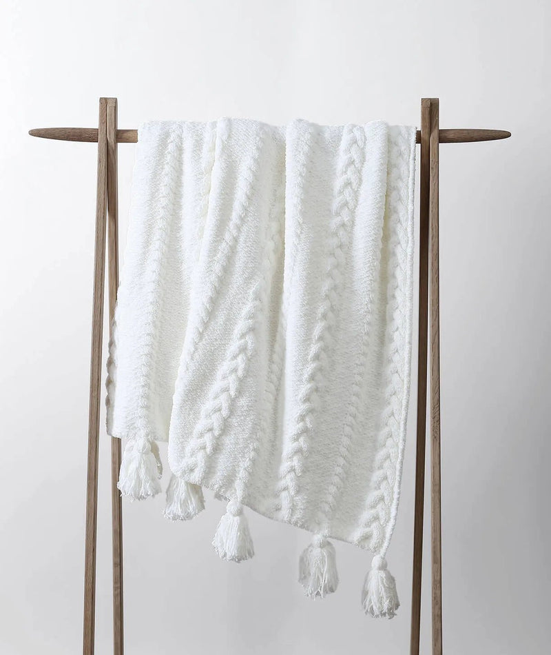 Soft And Cozy Black, White and Tan Tassel Braided Pom Pom Throw - The Rug Decor