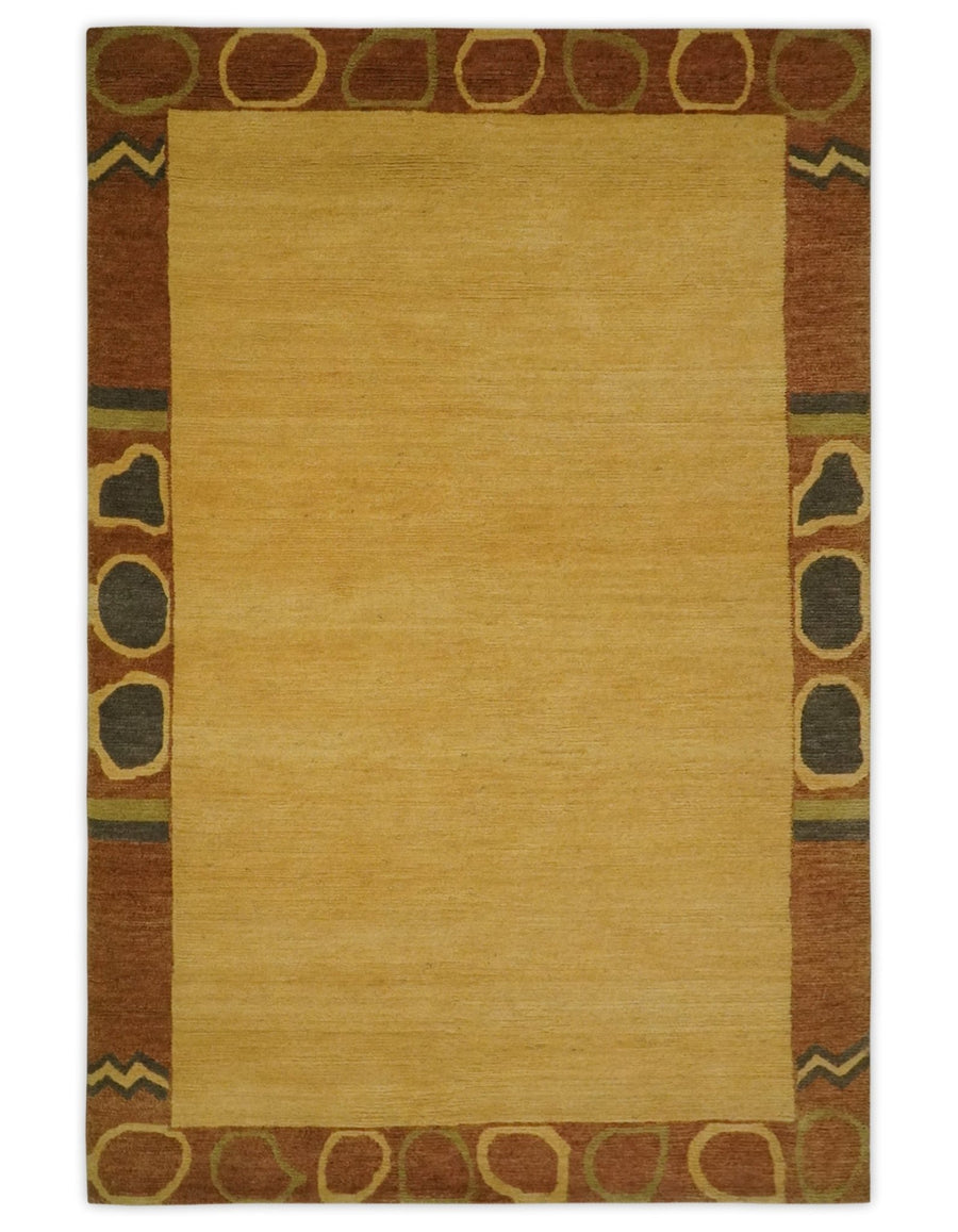 Solid Gold and Brown Geometrical Hand loom 4x6 wool Area Rug - The Rug Decor