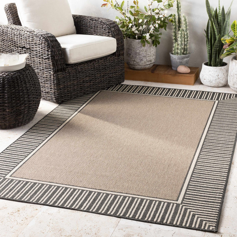 Solid Plan Tan, Charcoal and Ivory Modern Stripes Design Outdoor Safe Area Rug - The Rug Decor