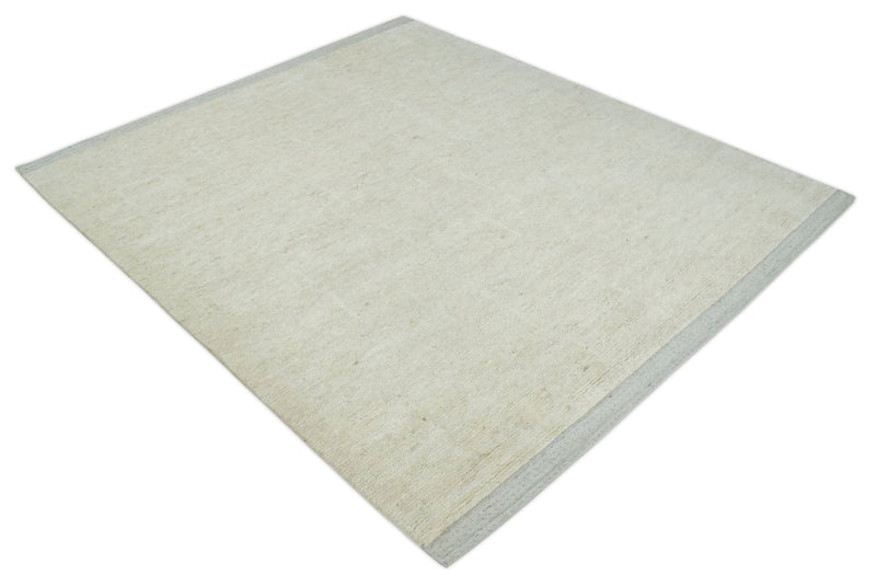 Solid plane Beige Hand Knotted 8.7x9.8 Wool Area Rug - The Rug Decor