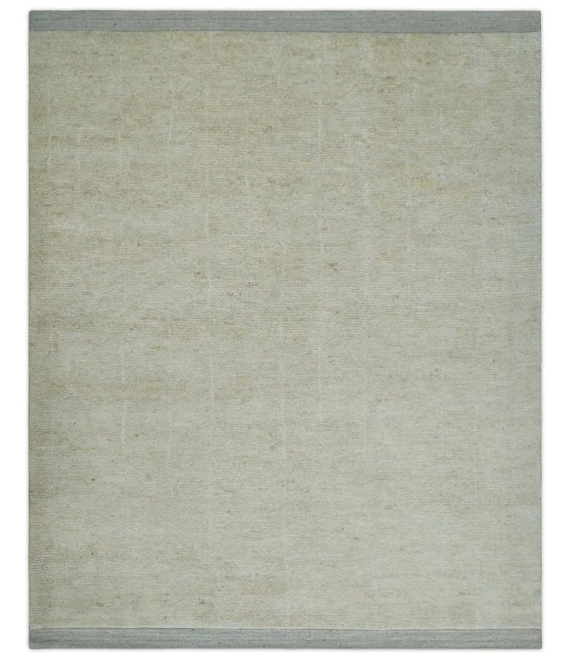 Solid plane Beige Hand Knotted 8.7x9.8 Wool Area Rug - The Rug Decor