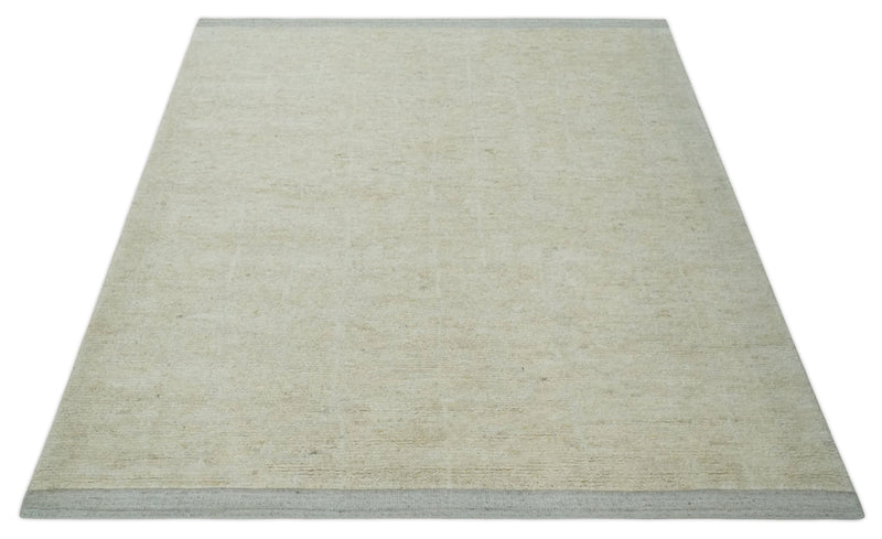 Solid plane Beige Hand Knotted 8.7x9.8 Wool Area Rug - The Rug Decor