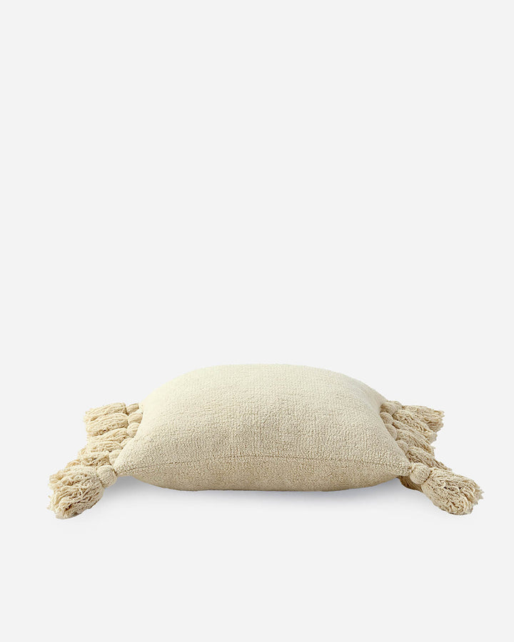 Solid Sahara Tan, Off White, Navy and Black 20x20 Inches Pom Pom Throw Pillow - The Rug Decor
